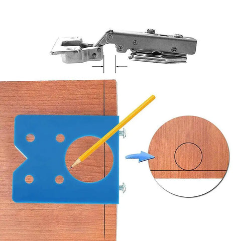 35mm Concealed Hinge Drill Guide Locator for Door Installations showing blue jig on wood, positioned for accurate hole drilling.