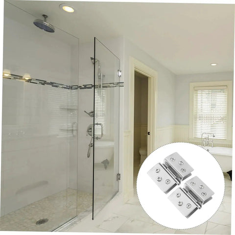 Double Sided Stainless Steel Glass Door Hinges For Display Cabinets Heavy Duty Load Bearing Easy To Install shown in a bathroom setting