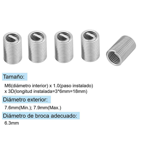 50 Pcs M6 X 1.0 X 3D Stainless Steel Helicoil Thread Inserts Set shown in a side-by-side view for aluminum and soft metals