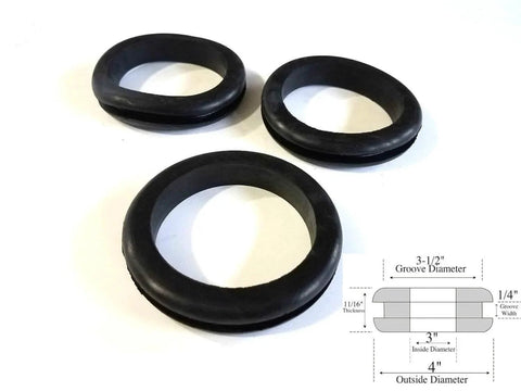 Pack Of 3 Rubber Grommets, Three Inch Inside Diameter, One Quarter Inch Groove Width, Fits Three And One Half Inch Drill Holes