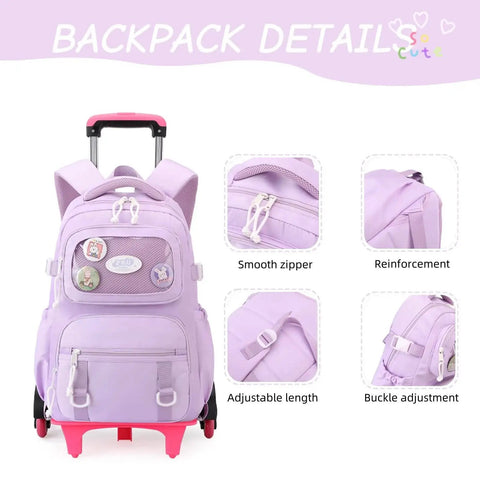 Girls Rolling Backpack For School With Wheels Durable Lightweight Polyester Trolley Bag Detailed Features Displayed