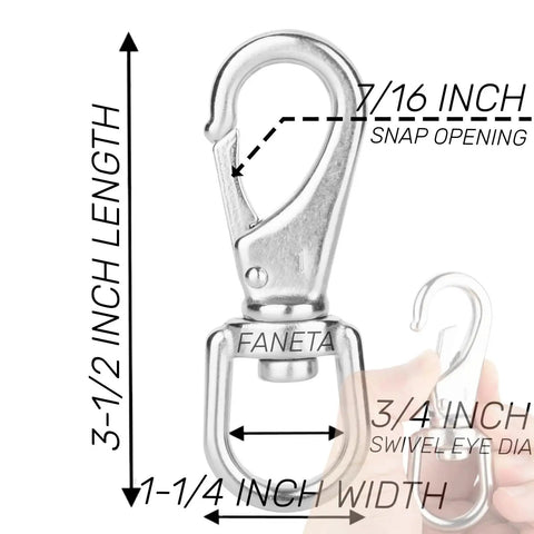 Stainless Steel Swivel Eye Snap Hooks Three Quarter Inch Heavy Duty Pack Of 4, showing dimensions and hand for scale.