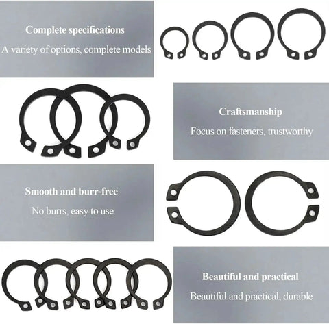 External Retaining Rings Kit With 200 Pcs C Clips, 10 To 14 Mm Sizes, 65Mn Steel, Black Plated Circlips For Axles And Shafts display