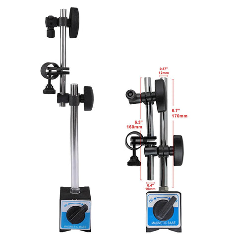 Magnetic Base For Dial Indicator Holder With Fine Adjustable Long Arm Tool Stand For Dial Gauge With On Off Magnetic Surfaces Nine Inch Height Clamp Hole Diameter Eight To Nine Point Five Millimeters Ideal For 3D Printer Lathe And Woodworking Projects.