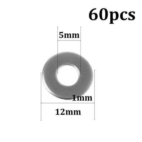 Runseaway M5 stainless steel flat washer, 5mm ID, 12mm OD, 1mm thick, 60 pcs