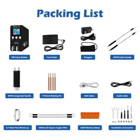 Packing list for 2500A Spot Welder For 18650 And 21700 Battery Packs with various components and accessories displayed.