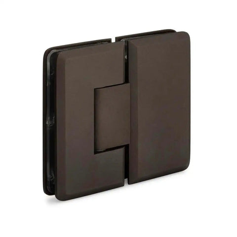 Oceana Heavy Duty 180 Degree Glass To Glass Hinge in Oil Rubbed Bronze, front view, for 3/8-1/2 inch glass, supports up to 150 lbs