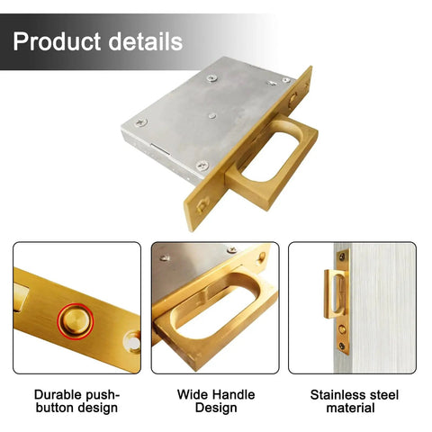 Recessed Finger Flush Pulls With Edge Pull For Pocket Doors, Closet Doors, Sliding Doors And Barn Doors, Stainless Steel Hardware In Gold Finish, 4.72 Inch Long, Rust Resistant, Pop Up Design For Easy Activation And Smooth Operation with close-up and installed view.