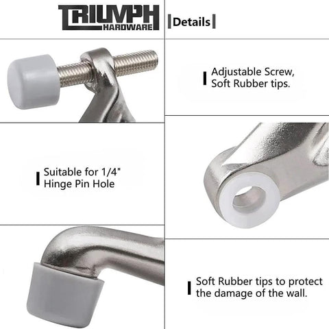 Adjustable Heavy Duty Hinge Pin Door Stopper Set Two Pack Sized 2-3/8 By 15/16 Inches, Brushed Satin Nickel with Gray Rubber Tips
