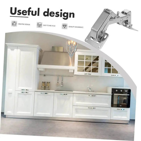 Kitchen with white cabinets and an inset image of a concealed hinge on the top right corner labeled 'Useful design.'