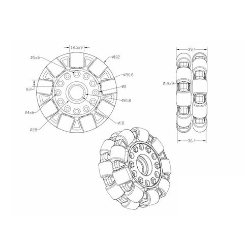 Technical drawings of Omni Directional Robot Wheel 100mm With Center Bearing for Robot Cars and DIY Projects, showcasing 360-degree rotation design.