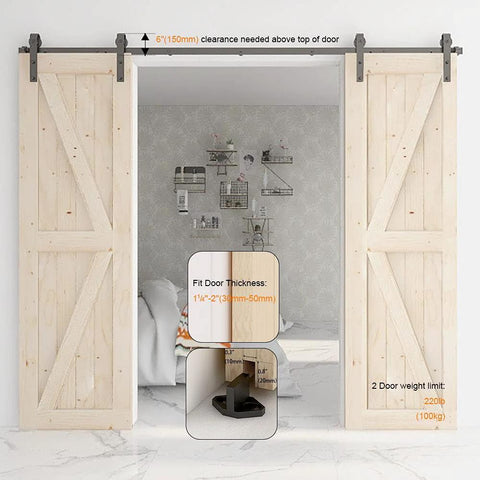 5.5 Foot Sliding Barn Door Hardware Kit Heavy Duty Track For Double Wood Doors installed with natural wood finish