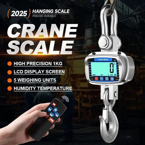 Heavy Duty Hanging Crane Scale 11000 Lbs 5T With Remote Control And LCD Display Measures Temperature And Humidity Built Tough Industrial Grade For Construction Factory Farm Silver, showing LCD screen and remote control.