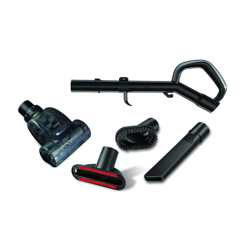 Vacuum cleaner attachment set with wand, floor nozzle, motorized brush, upholstery tool, dusting brush, and crevice tool