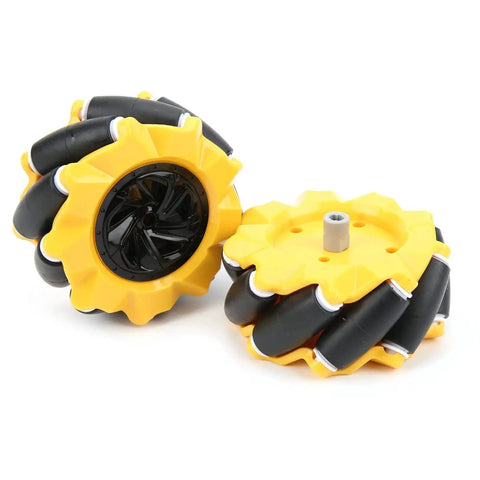 Versatile Mecanum Wheel Kit For 4WD Smart Robot Cars With 80mm Rubber Coated Wheels showcasing two yellow and black wheels