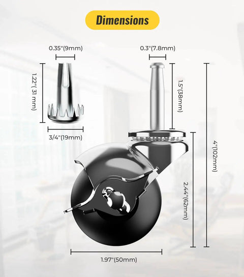 Diagram showing dimensions of 2 Inch Ball Caster Wheels Set Of 4 For Furniture Legs with Locking Stem, chrome finish.