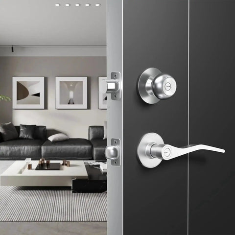 Installed 2 Pack Stainless Steel Strike Plate Backplate for 2-1/4 inch doors in modern living room, enhancing door security.