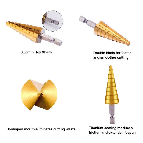 Step Drill Bit Set 3 Piece HSS Titanium Coated High Speed Steel With One Quarter Inch Hex Shank For Easy Sheet Metal And Plastic Hole Drilling Unibit Cone Bits Cut From One Eighth Inch To Three Quarter Inch DIY Friendly, showing double blades and 6.35mm hex shank.
