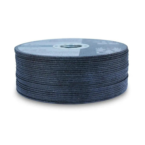 Side view of a stack of cut off wheels, showing the Four Point Five Inch Metal And Stainless Cut Off Wheels For Angle Grinders One Sixteenth Inch Thick Seven Eighths Inch Arbor Twenty Five Pack Heavy Duty Ferrous Metal Cutting Discs For Iron Steel Stainless Fiberglass And Plastic.