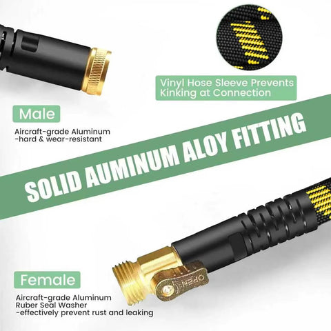 Non-expanding garden hose, 100 ft, solid aluminum alloy fittings with yellow braided sleeve