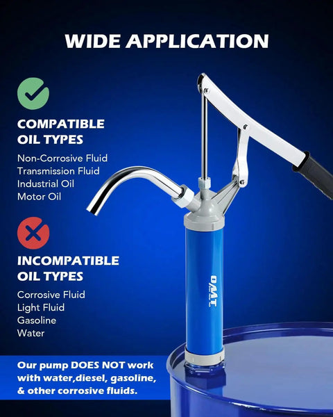 Lever Action Barrel Pump With Telescoping Suction Tube For 15 To 55 Gallon Drums showing compatible and incompatible fluids list
