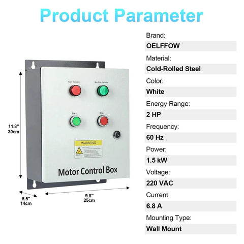 Heavy Duty Motor Control Box With Built In AC Contactor 220V 2HP Single Phase Multifunction with buttons, specs displayed