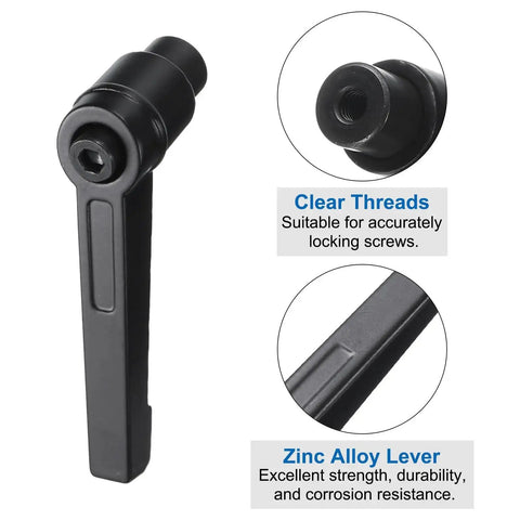 4 Pack Clamping Lever Adjustable Handles With M4 Female Thread Level Hand Knobs and Quick Release Black with clear threads and zinc alloy lever, suitable for lathe machinery and precision workholding.
