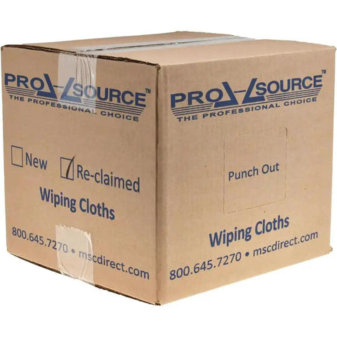 Box of ProSource reclaimed wiping cloths, labeled for professional use, showcasing reclaimed white cotton T-shirt rags