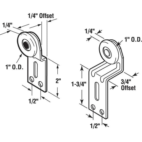 Technical drawing of a sliding closet door roller kit with 1 inch wheel diameter and convex edge plastic rollers. Includes 1/4 and 3/4 inch offset pairs.
