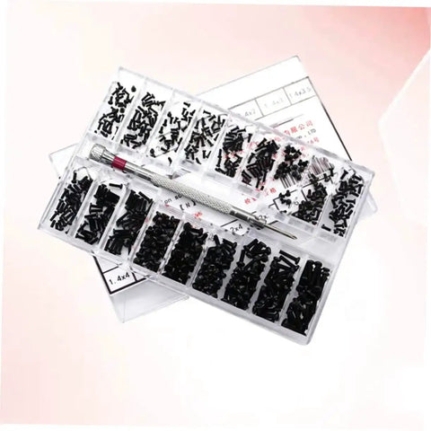 All In One Countersunk Screw Set Kit With Flat Head Screws 18 Sizes in a transparent case for glasses and DIY projects