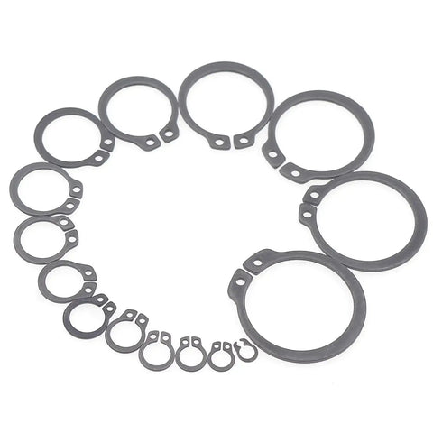 Assorted heavy duty black alloy steel C clips in 15 sizes from 4mm to 18mm; 290 Piece C Clips External Retaining Ring Assortment Kit