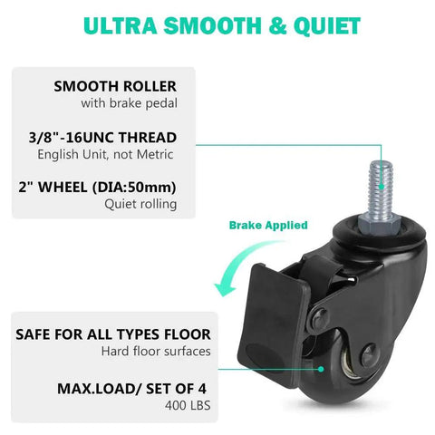 Close-up of two inch swivel caster wheel with brake pedal and 3/8-16 UNC threaded stem for carts, part of a four pack with lock nuts.