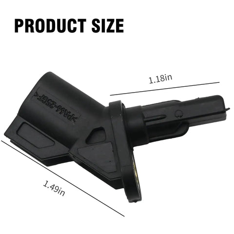 Front ABS wheel speed sensor, black plastic housing with mounting flange, about 1.2 to 1.5 in long
