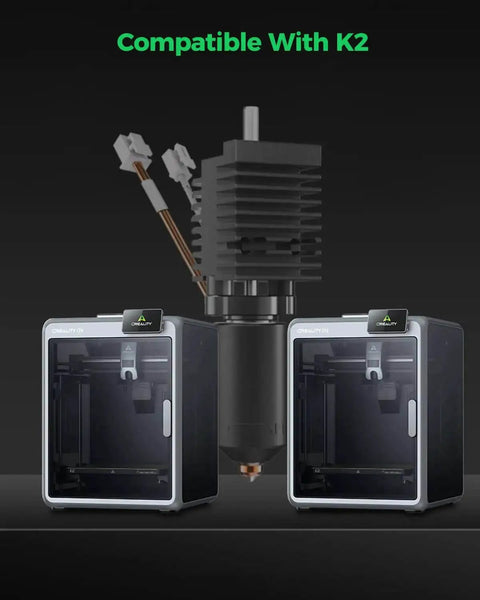 K2 Ceramic Hotend Kit With Quick Swap Nozzle for 3D Printers, shown with two 3D printer models, all-metal extruder in focus