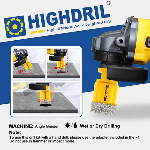 Angle grinder with diamond drill bits kit for porcelain tile ceramic marble brick concrete, wet or dry drilling shown.