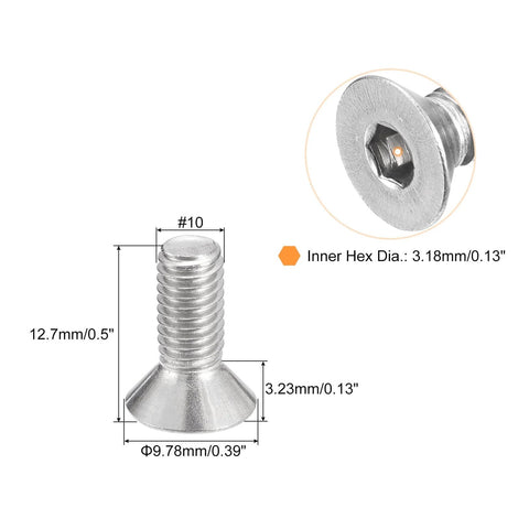 Diagram showing Flat Head Socket Cap Screws With Hex Drive Thread Size Ten Thirty Two By Half Inch Full Thread 304 Stainless Steel