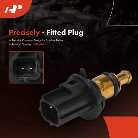 Engine Coolant Temperature Sensor 2 Pins Fits Jeep Grand Cherokee Wrangler Compass Patriot Dodge Avenger Chrysler Sebring Voyager Pacifica and other 200 Series Models 2007 2024, showing precise connector with gold tip.