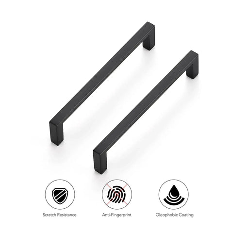 30 Pack Matte Black Cabinet Pulls With Five Inch Center To Center Holes Slim Square Kitchen Handles, shown with protective features icons