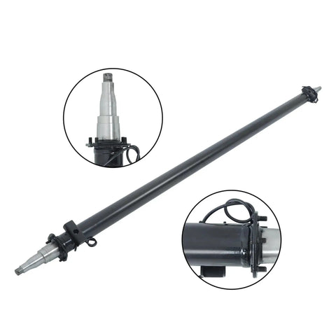 Thomletha trailer axle beam, black steel tube with spindle ends, side view