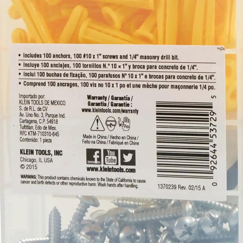 Conical Anchor Kit For Drywall And Masonry With 100 Anchors 100 Number Two Phillips Screws One Quarter Inch Masonry Drill Bit Klein Tools
