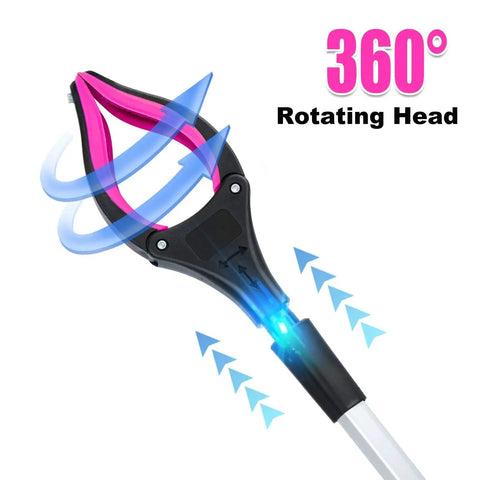 Close-up of 32 Inch Extra Long Foldable Grabber Reacher Tool With Strong Magnetic Grip And 360 Degree Rotating Anti Slip Jaw For Easy Trash Claw Use Outdoors And Indoors Purple Great For Home, Garage, Yard And Office Cleanup On The Go.