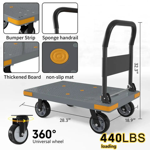 Heavy Duty Folding Push Cart With Reinforced Platform And 360 Degree Swivel Front Wheels, Thickened Durable Plastic Plate, 28.3 Inch Long By 18.9 Inch Wide Grey Dolly Cart With Spare Wheel, Supports Up To 440 Lb.