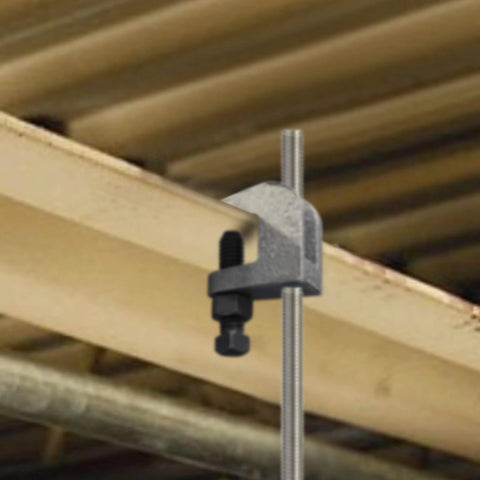 NIDAYE beam clamp with 3/8 in UNC threaded rod mounted on a wooden beam.