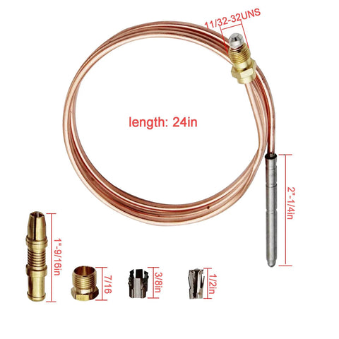 Thermocoupler for Robertshaw thermostat pilot burner, 24in copper coil with snap-fit fittings; Amazon brand with four adapters