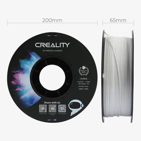 Pro Grade PETG 3D Printer Filament 1.75mm 1kg 2.2lbs Glossy White spool showing 200mm diameter and 65mm width