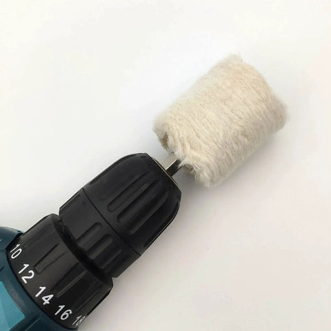 Cylindrical buffing wheel attached to drill for Six Piece Drill Buffing Wheel Kit for Polishing Metal Wood Glass Jewelry