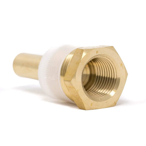 Brass thermowell with stepped hex end, 2-1/2 in stem, 1/2 in NPT x 3/4 in NPT, bore 0.260 in