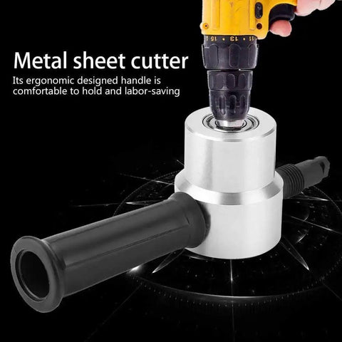 Double Head Sheet Metal Nibbler Cutter For Drill Attachment, electric metal shears demonstrated attached to a drill, ergonomic handle.