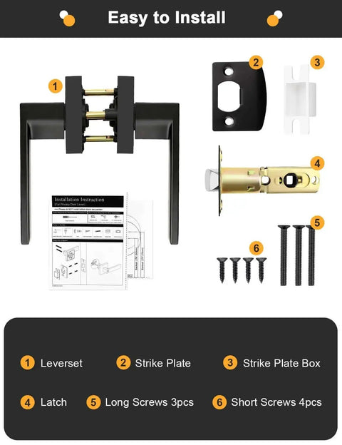 Square Black Interior Door Handle Set No Lock Passage Lever for Left or Right Handed Doors assembly parts