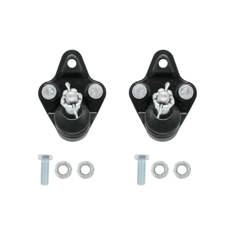 Front view: two black ball joint suspension assemblies with mounting studs, bolts and washers for Toyota Corolla.